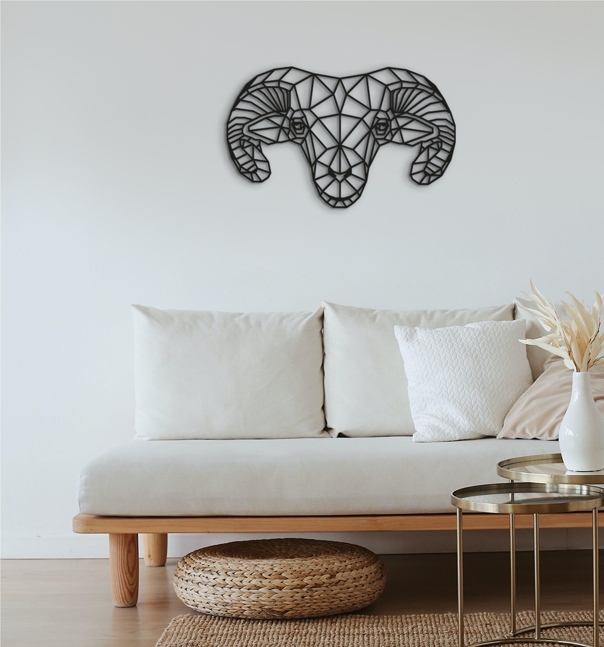 Geometric Wooden Ram Head Wall Art: Zodiac Decor