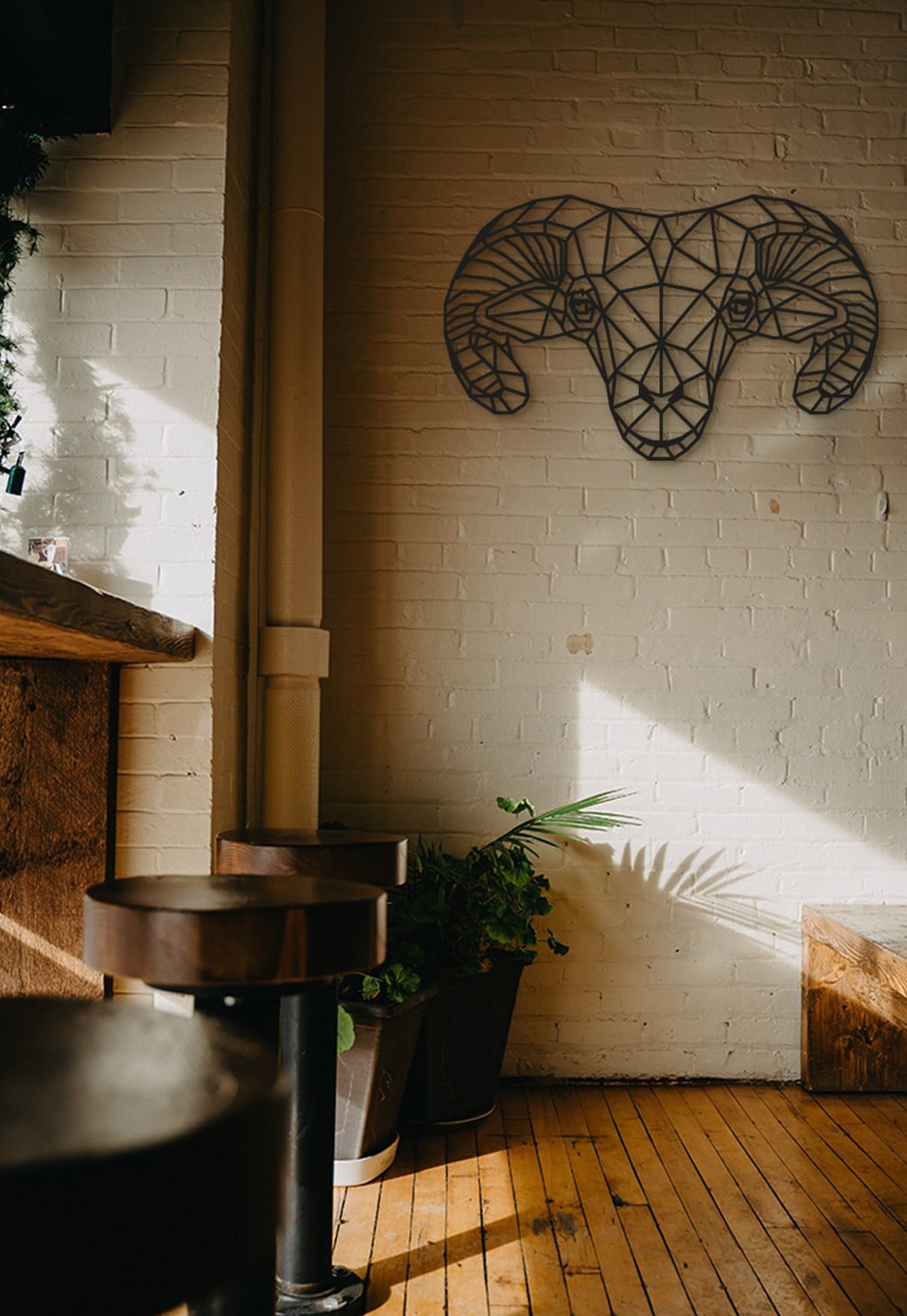 Geometric Wooden Ram Head Wall Art: Zodiac Decor