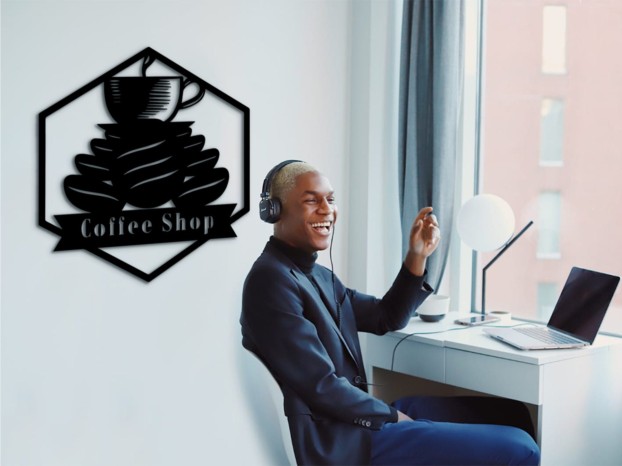 Coffee Bar Wood Wall Art: Geometric Coffee Shop Sign
