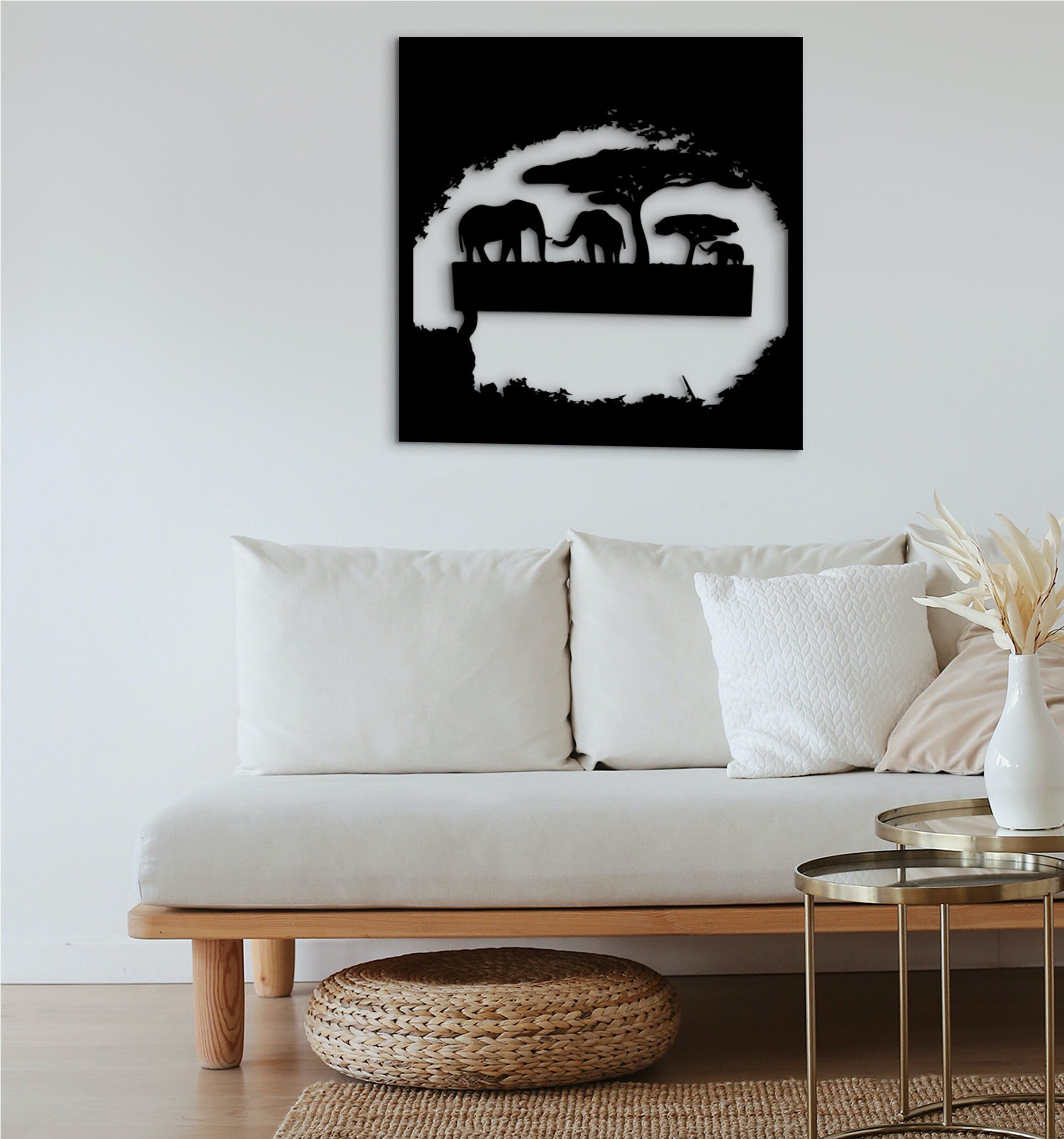 Elephant Family Wood Wall Art, Gold Sun, Housewarming Gift