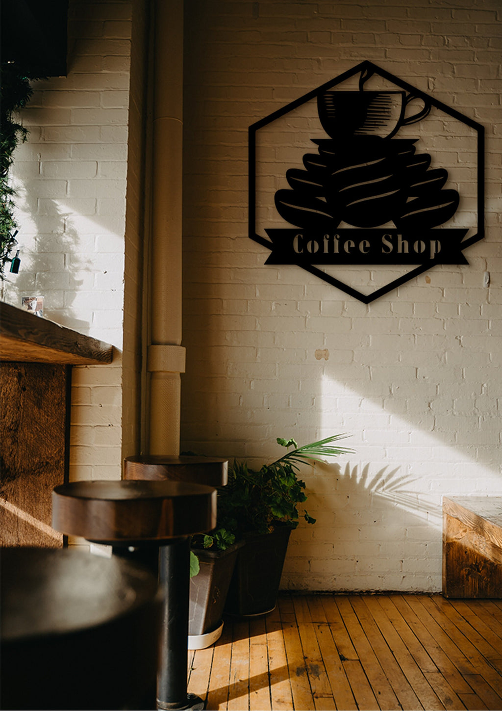 Coffee Bar Wood Wall Art: Geometric Coffee Shop Sign