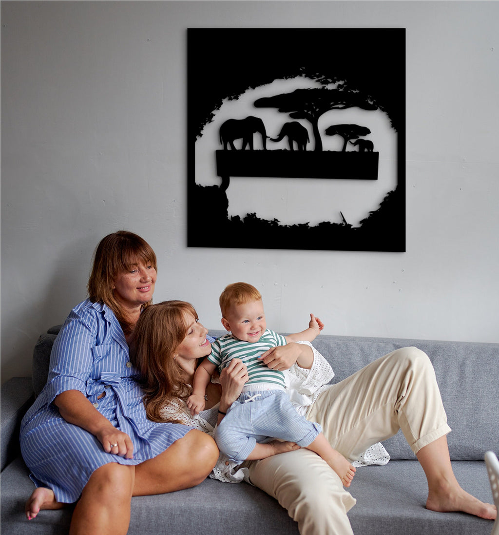 Elephant Family Wood Wall Art, Gold Sun, Housewarming Gift