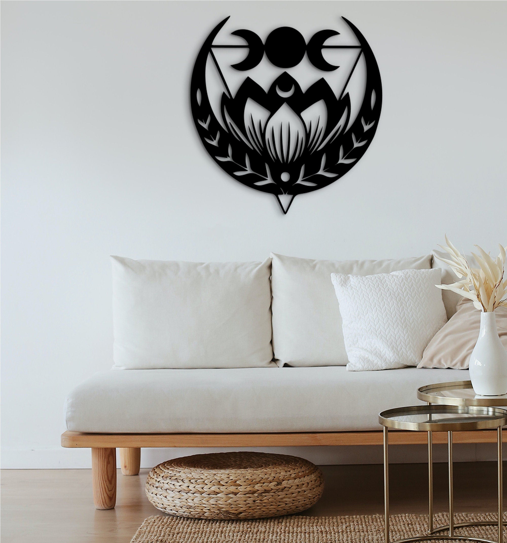 Triple Moon Lotus Wood Wall Art: Mandala Yoga Decor