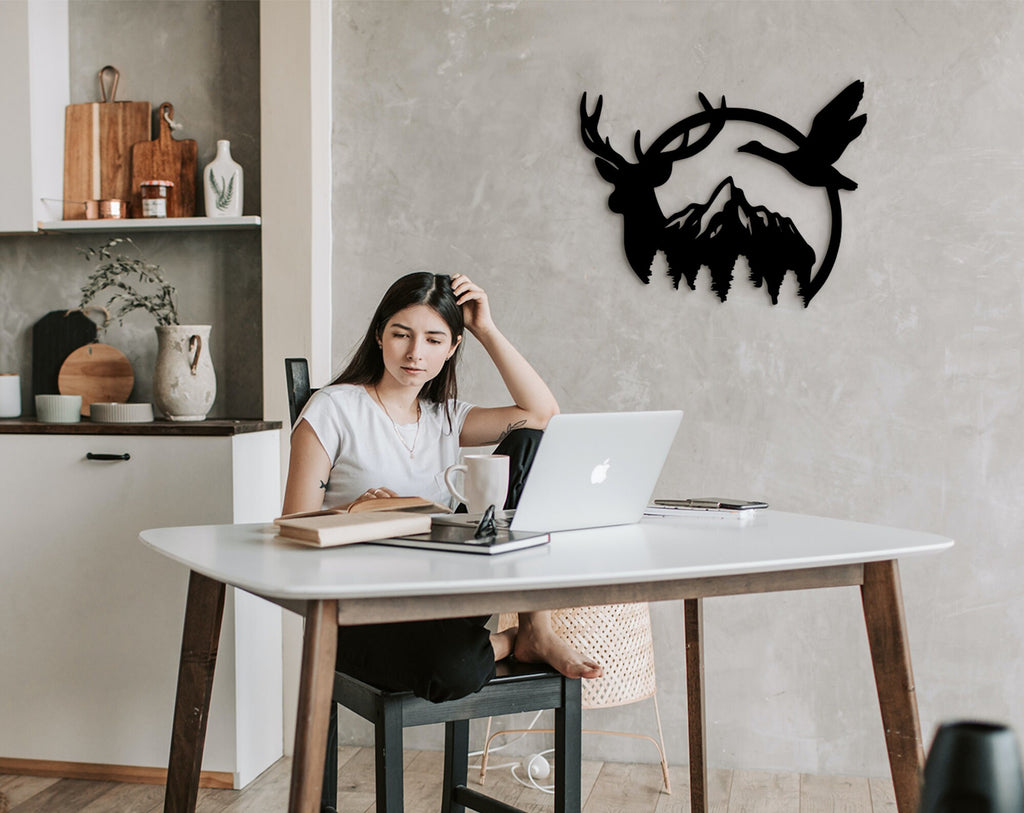 Duck & Deer Mountain Wood Wall Art: Geometric Tree Decor