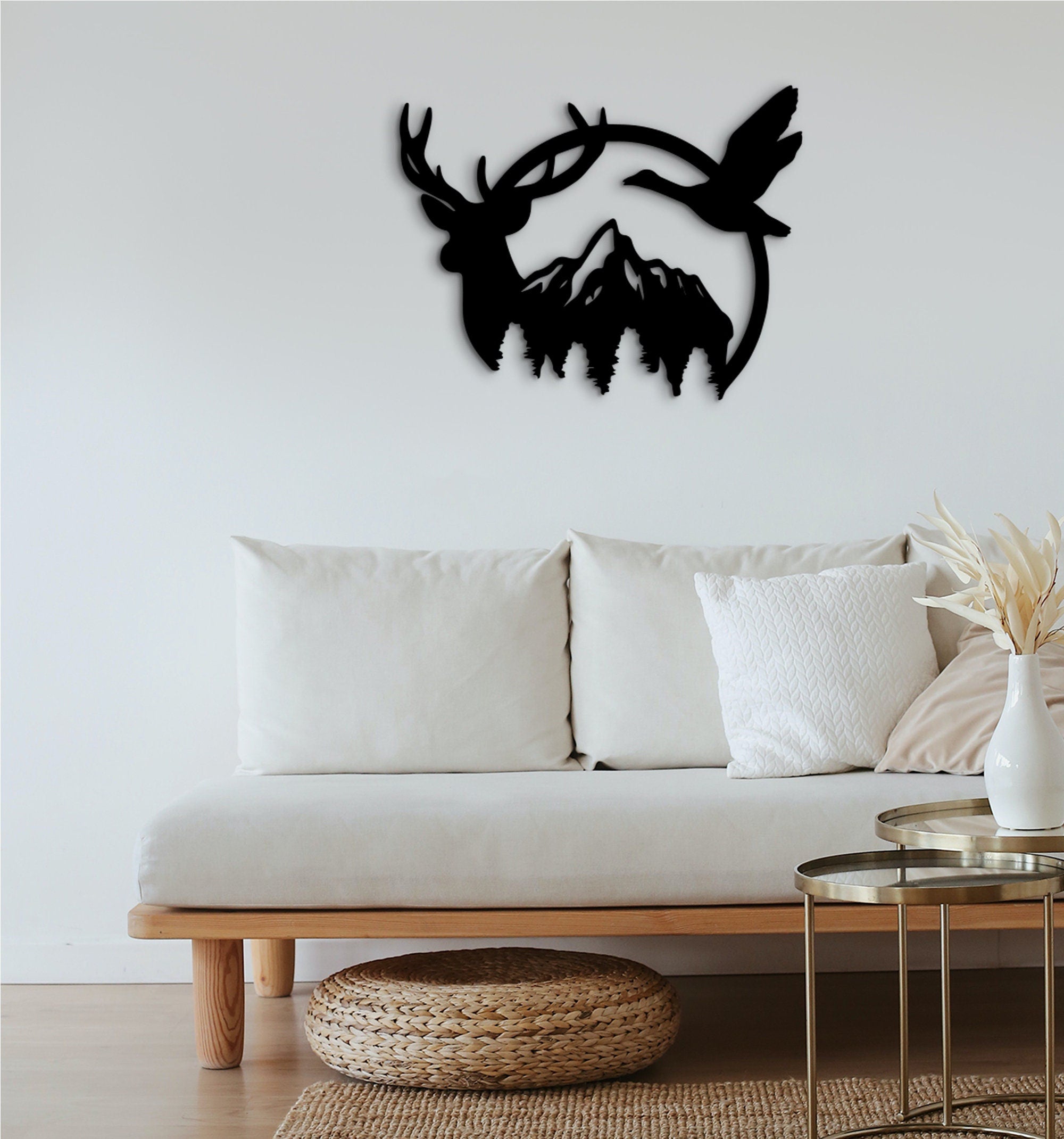 Duck & Deer Mountain Wood Wall Art: Geometric Tree Decor