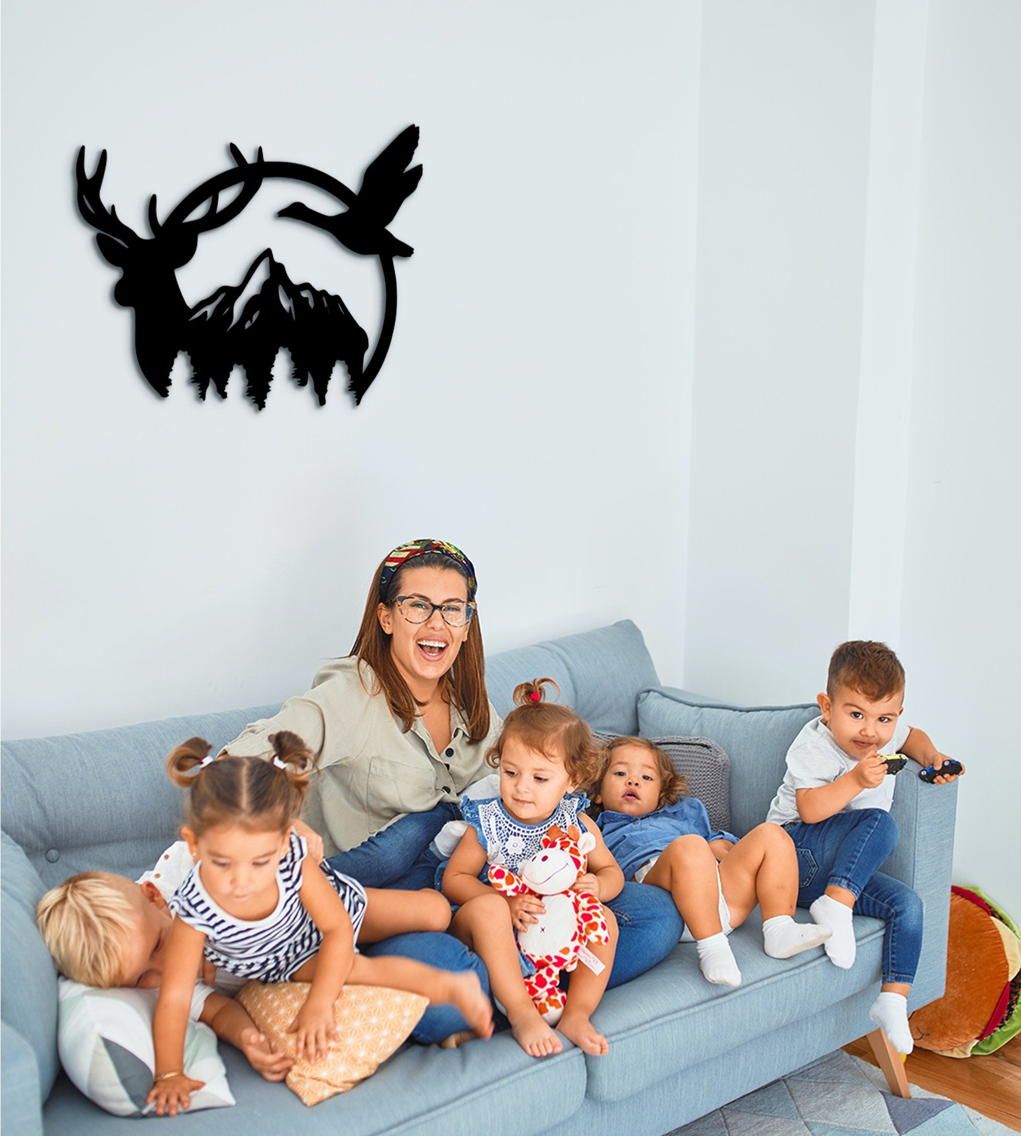 Duck & Deer Mountain Wood Wall Art: Geometric Tree Decor