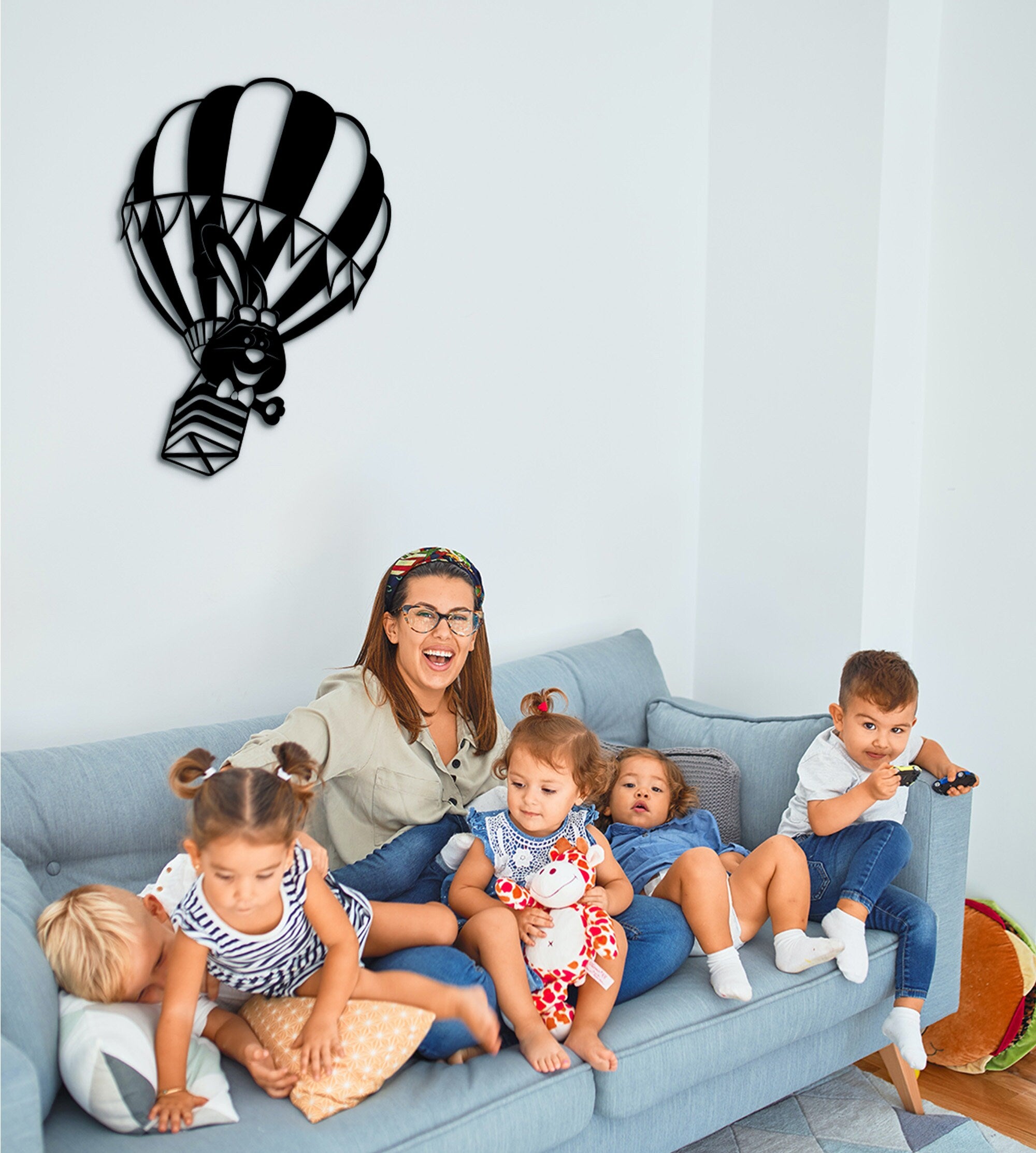 Rabbit On Air Balloon: 3D Wood Wall Art, Kids Room Decor