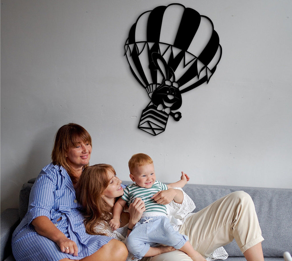 Rabbit On Air Balloon: 3D Wood Wall Art, Kids Room Decor