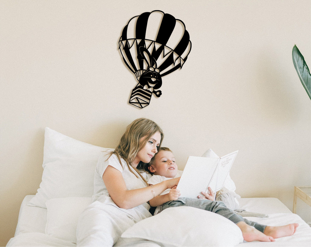 Rabbit On Air Balloon: 3D Wood Wall Art, Kids Room Decor