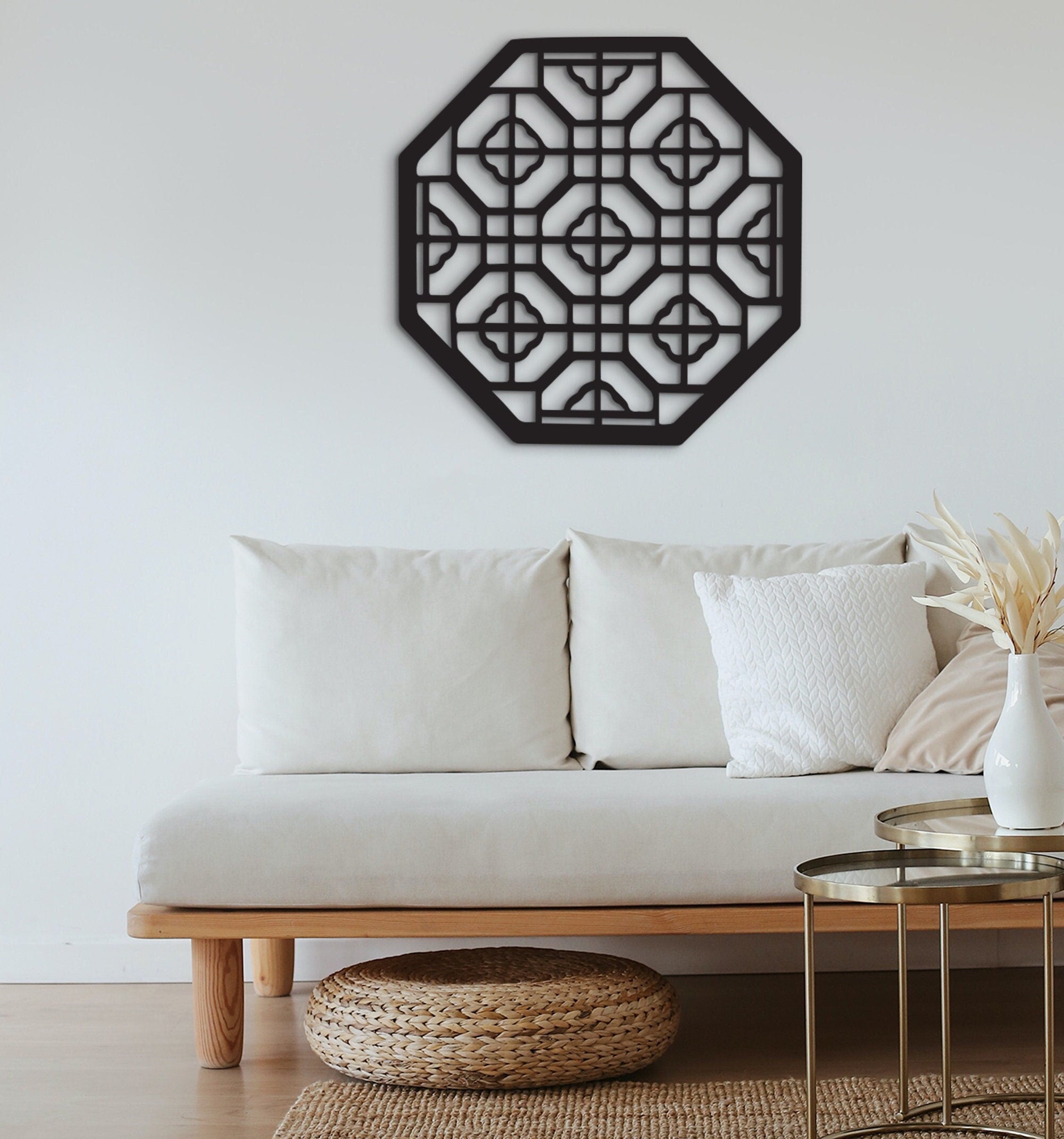 Chinese Octagonal Flower Wood Wall Decor: Geometric Asian Art