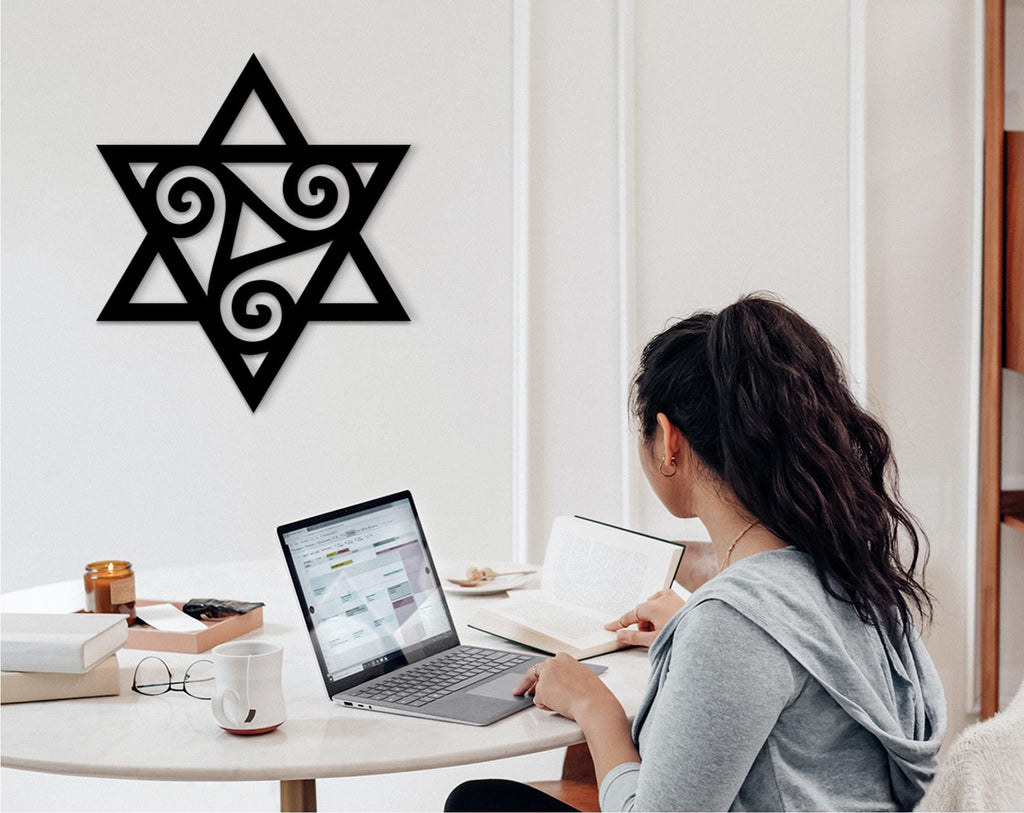 Star of David Triskele Wood Wall Art: Sacred Symbol Decor