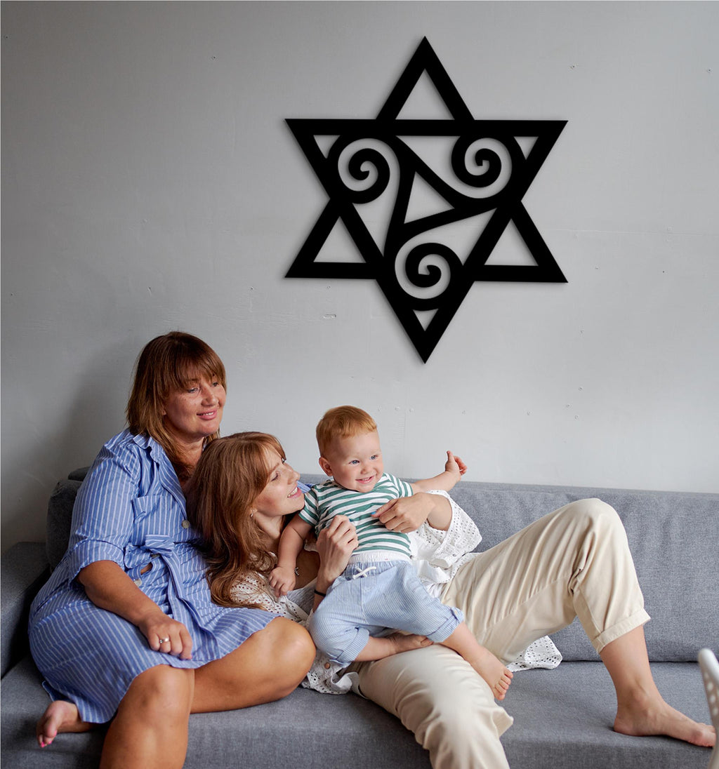 Star of David Triskele Wood Wall Art: Sacred Symbol Decor