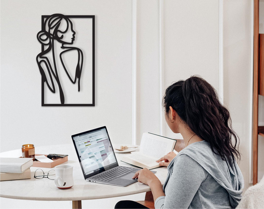 Wooden Girl Silhouette Wall Decor, Modern Line Art Panel
