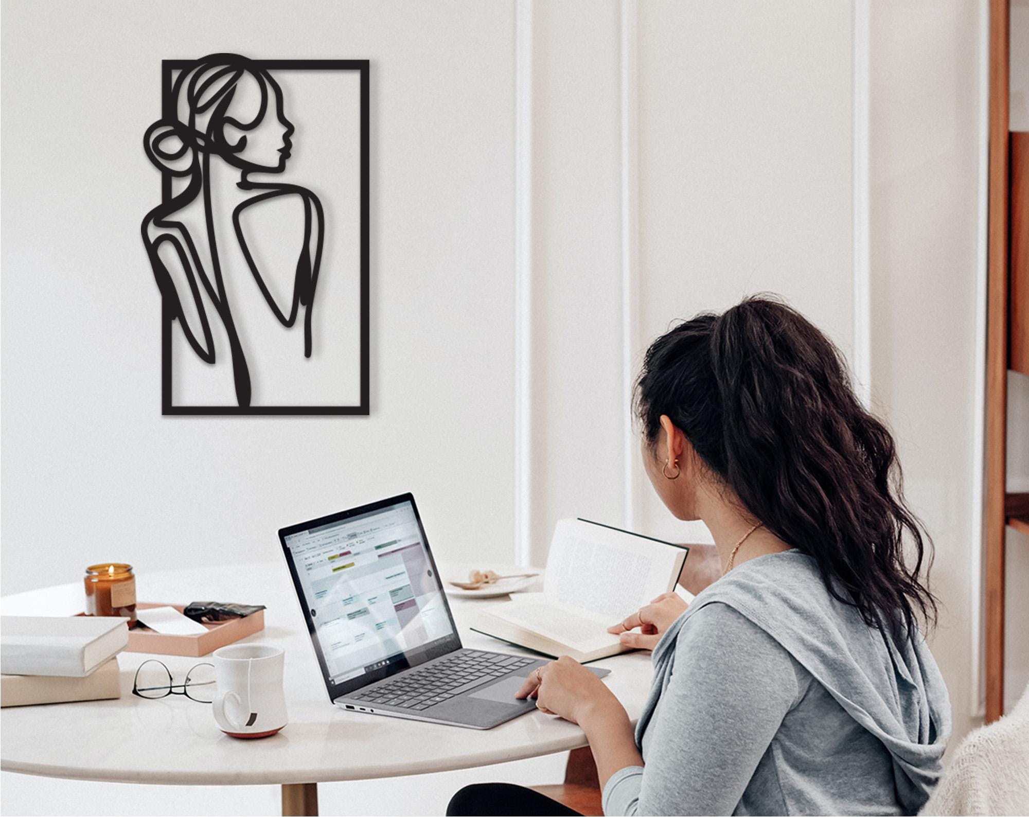 Wooden Girl Silhouette Wall Decor, Modern Line Art Panel