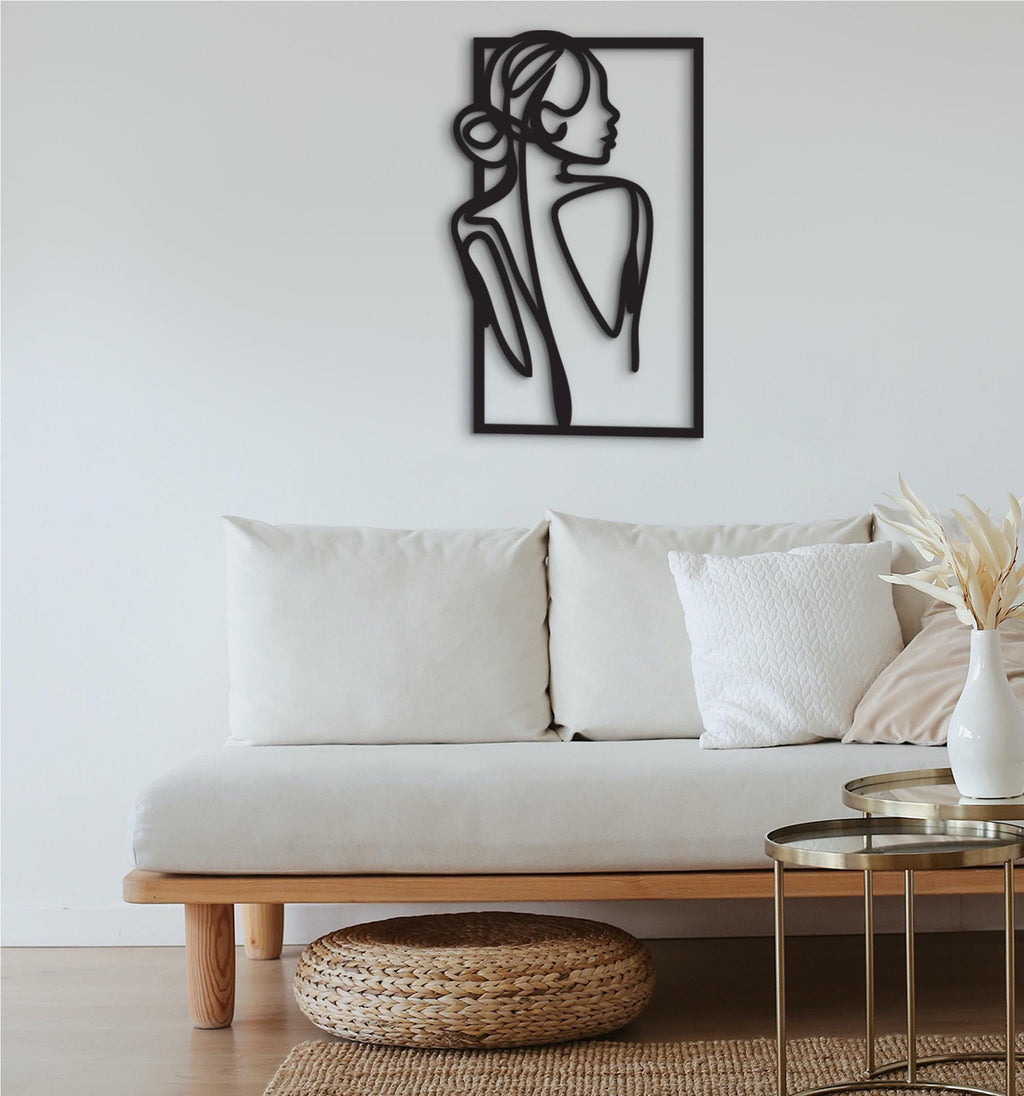 Wooden Girl Silhouette Wall Decor, Modern Line Art Panel