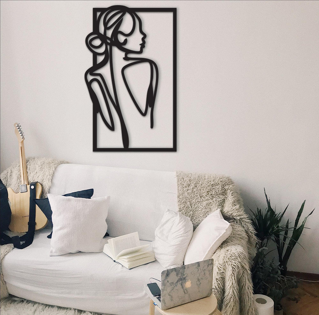 Wooden Girl Silhouette Wall Decor, Modern Line Art Panel