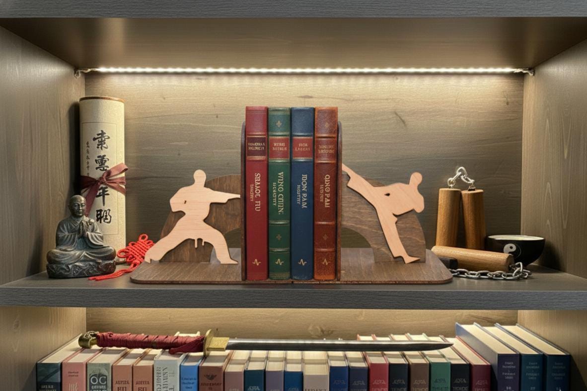Kung Fu Bookends: Engraved Birch Wood Book Holder
