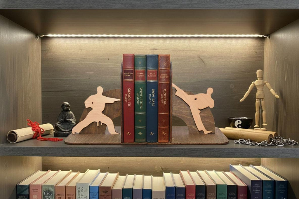Kung Fu Bookends: Engraved Birch Wood Book Holder