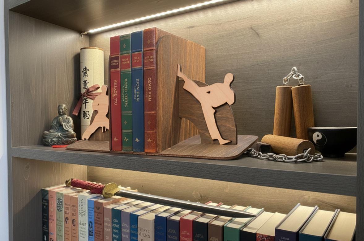 Kung Fu Bookends: Engraved Birch Wood Book Holder