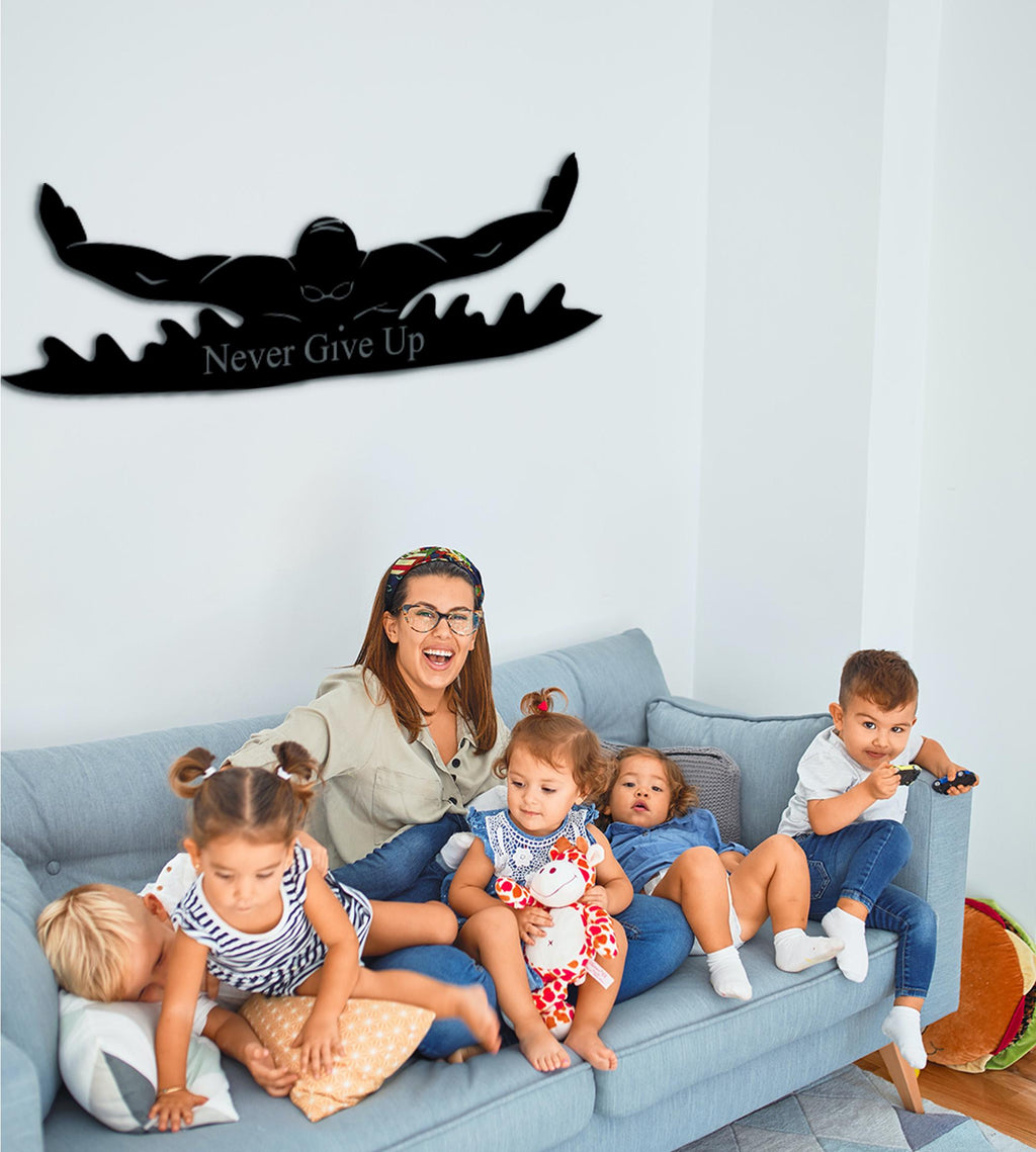 Swimmer Wall Decor, 'Never Give Up' Quote, MDF Sport Art