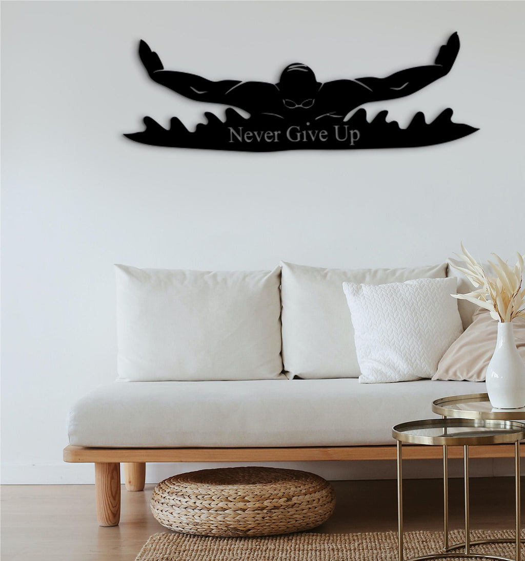 Swimmer Wall Decor, 'Never Give Up' Quote, MDF Sport Art