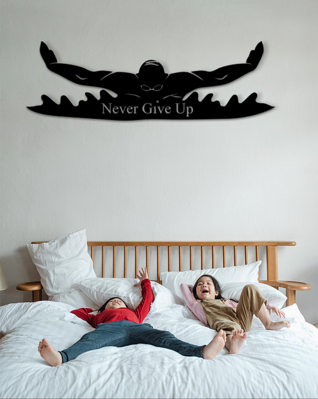 Swimmer Wall Decor, 'Never Give Up' Quote, MDF Sport Art