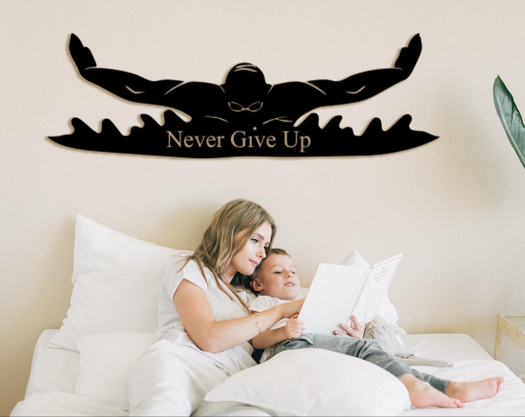Swimmer Wall Decor, 'Never Give Up' Quote, MDF Sport Art