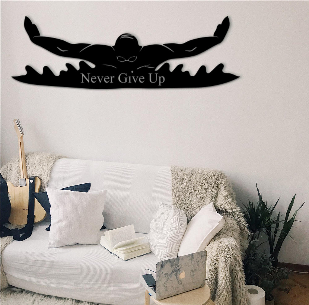 Swimmer Wall Decor, 'Never Give Up' Quote, MDF Sport Art