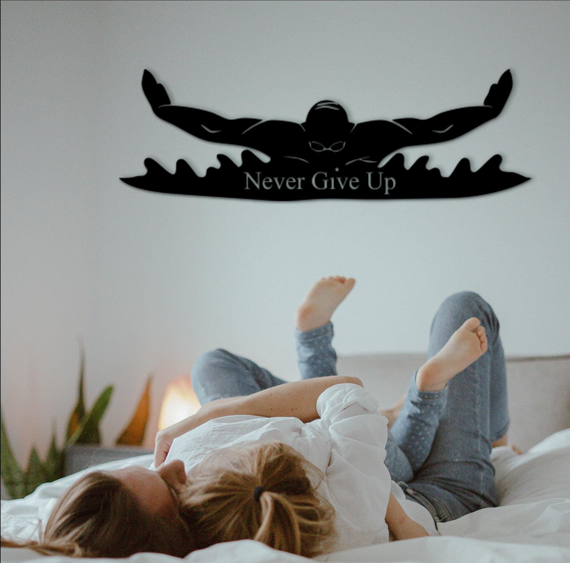 Swimmer Wall Decor, 'Never Give Up' Quote, MDF Sport Art
