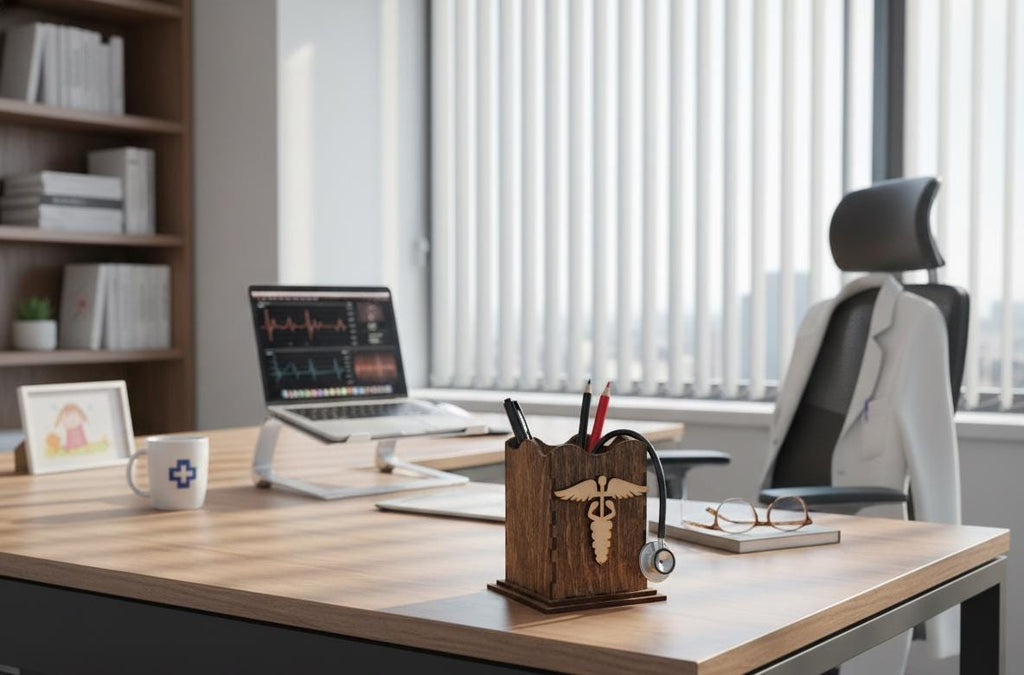 Personalized Doctor Gift: Wooden Desk Organizer Pen Holder
