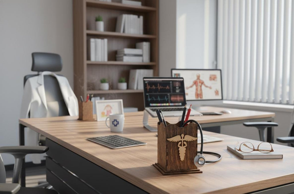 Personalized Doctor Gift: Wooden Desk Organizer Pen Holder