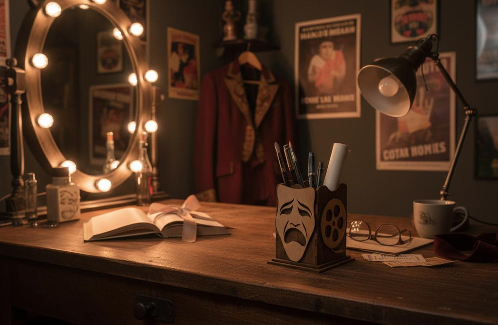Drama Teacher Wood Pencil Holder, Tragedy Mask & Film Reel Design