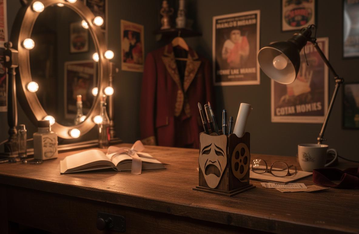 Drama Teacher Wood Pencil Holder, Tragedy Mask & Film Reel Design