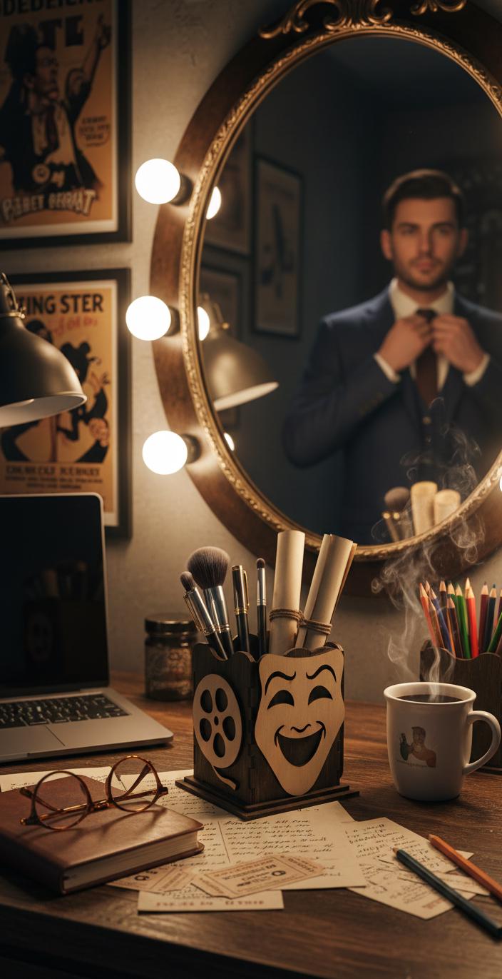 Drama Teacher Wood Pencil Holder, Tragedy Mask & Film Reel Design