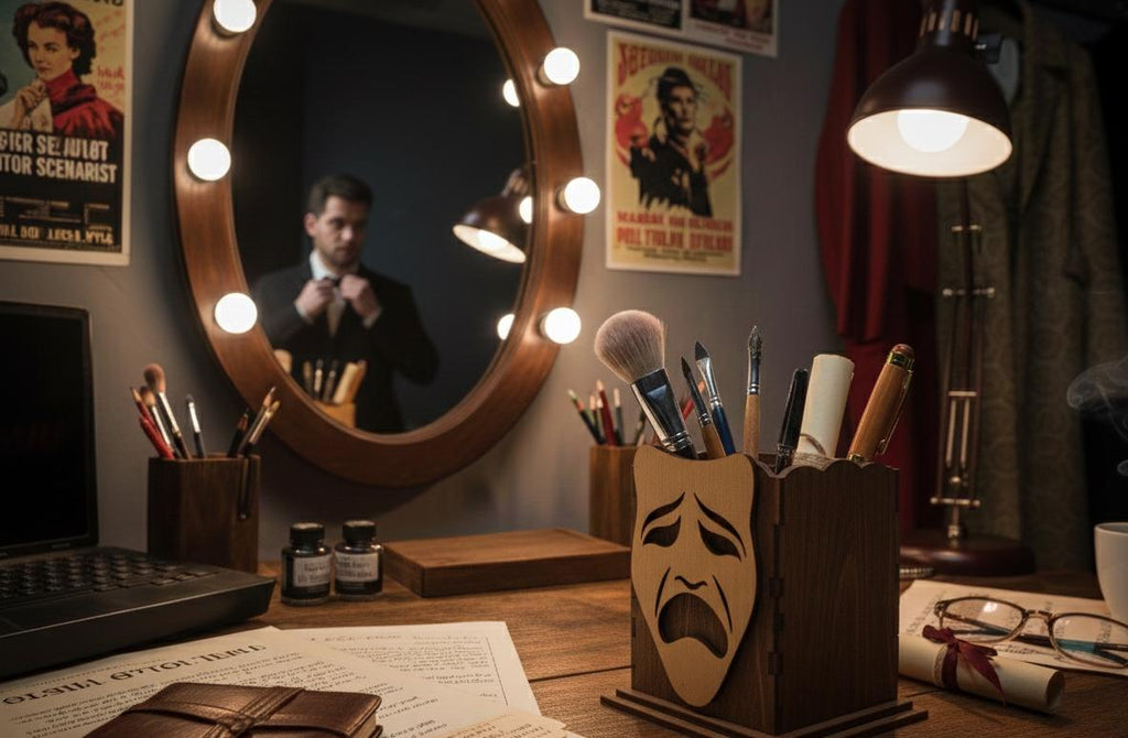 Drama Teacher Wood Pencil Holder, Tragedy Mask & Film Reel Design