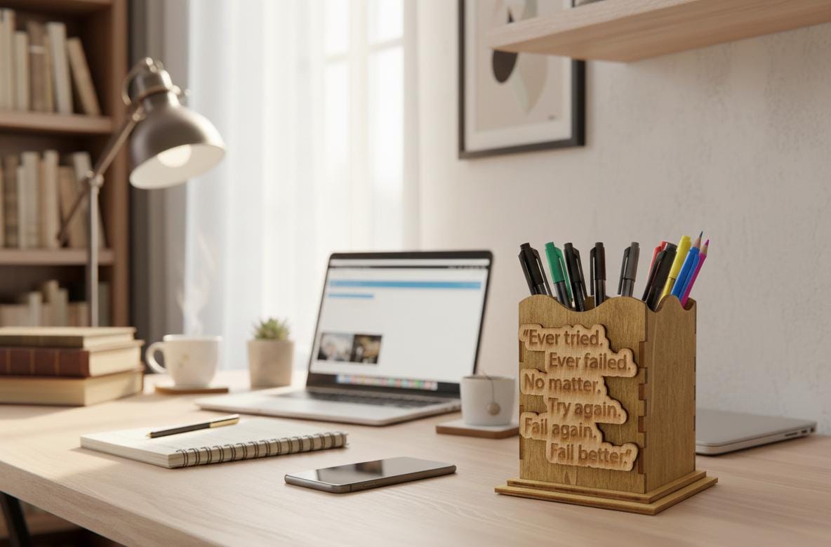 Engraved Wooden Pen Holder: Motivational Desk Organizer