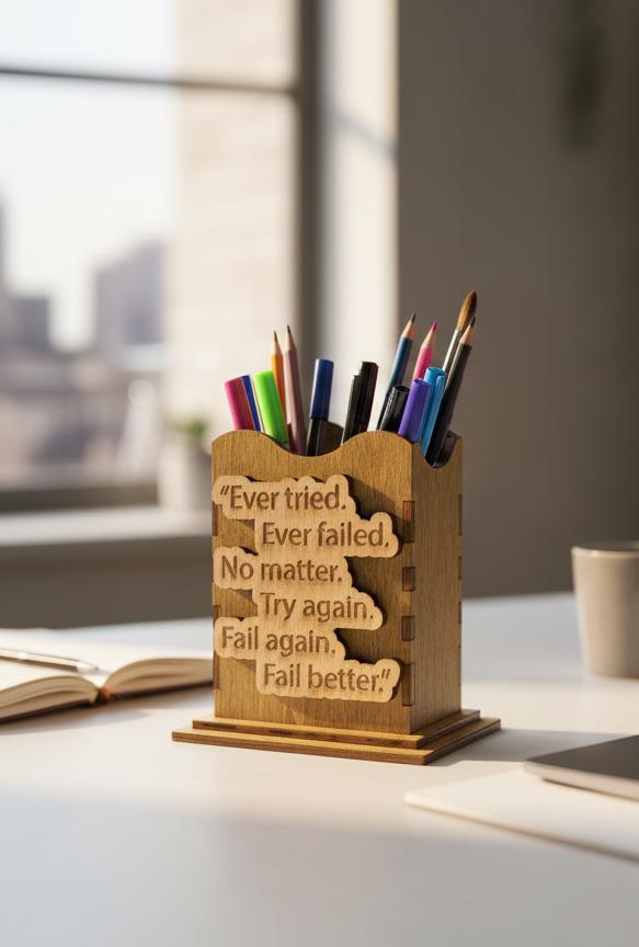 Engraved Wooden Pen Holder: Motivational Desk Organizer