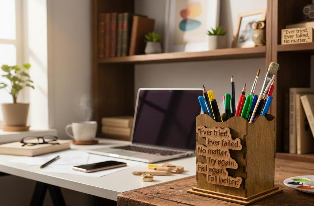 Engraved Wooden Pen Holder: Motivational Desk Organizer