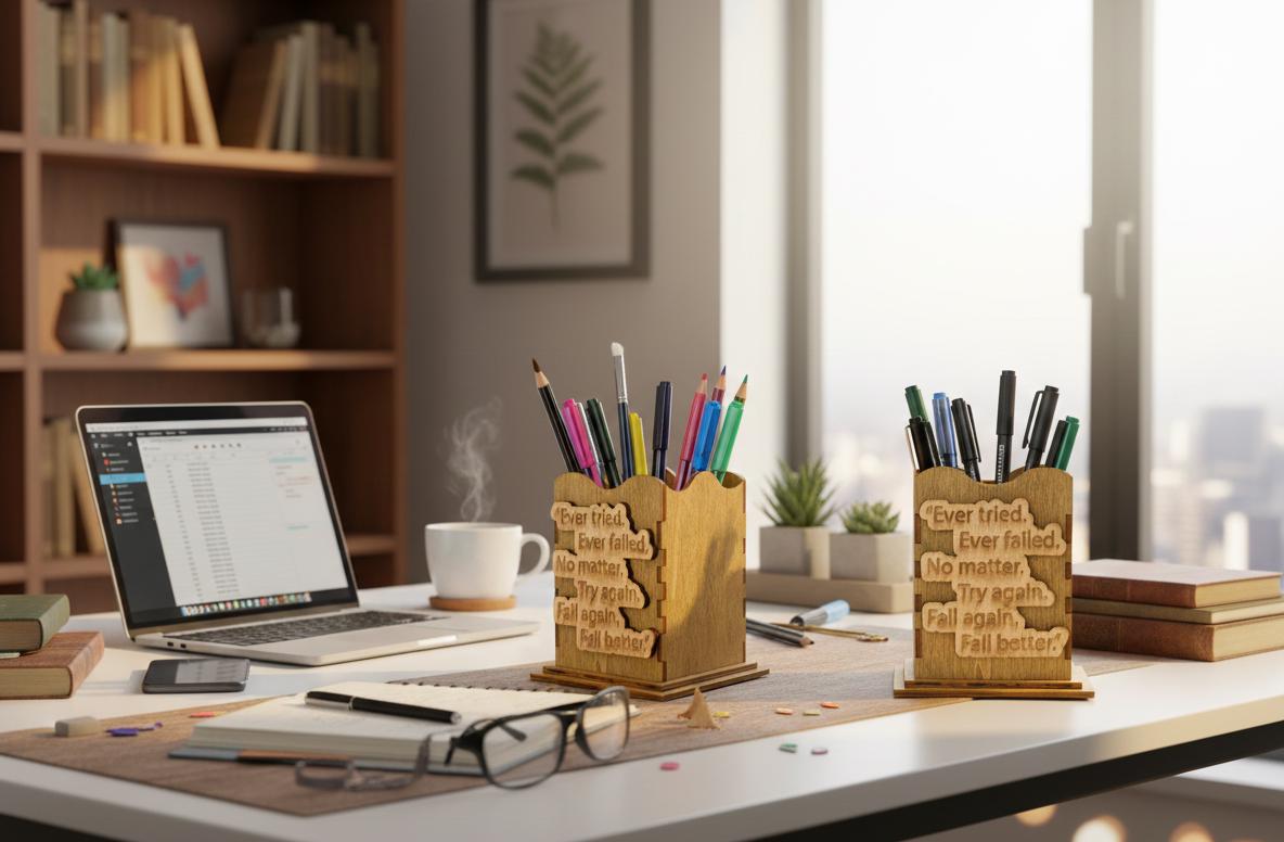 Engraved Wooden Pen Holder: Motivational Desk Organizer