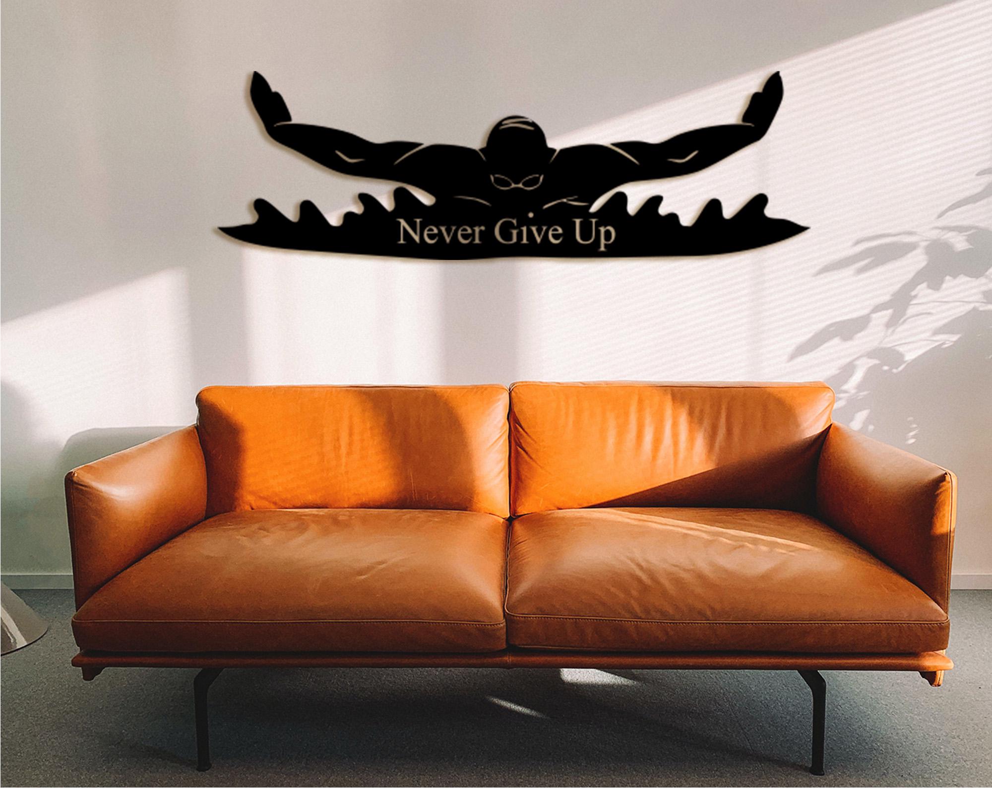 Swimmer Wall Decor, 'Never Give Up' Quote, MDF Sport Art