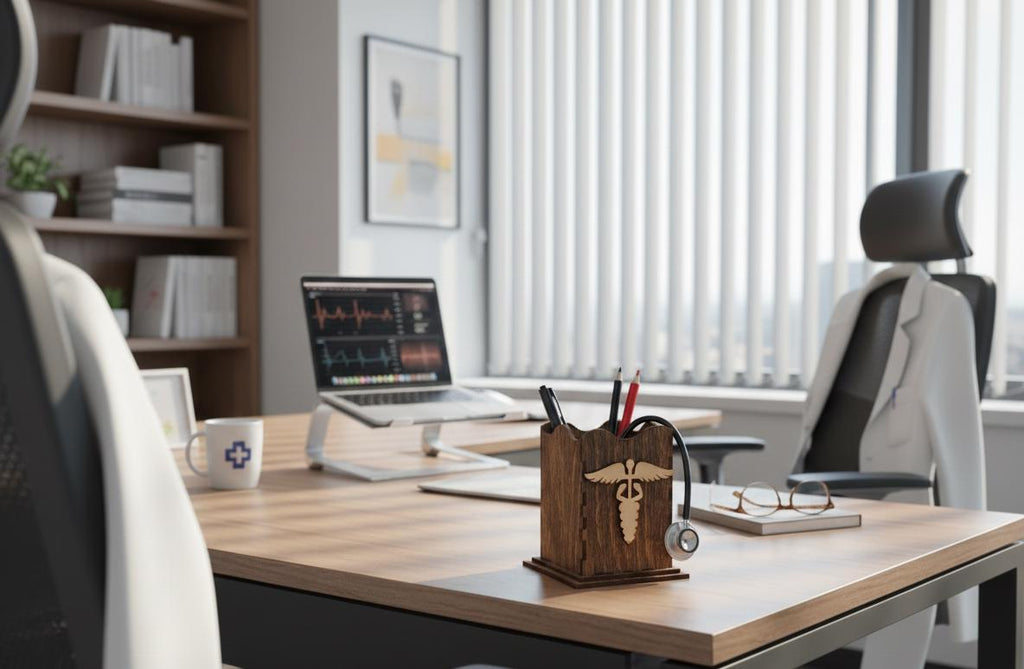 Personalized Doctor Gift: Wooden Desk Organizer Pen Holder