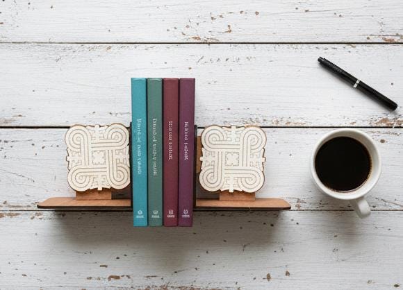 Finnish Mandala Wood Bookends, Nordic Geometric Knotwork Decor
