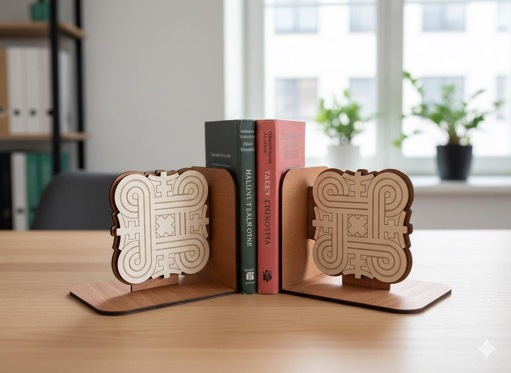 Finnish Mandala Wood Bookends, Nordic Geometric Knotwork Decor