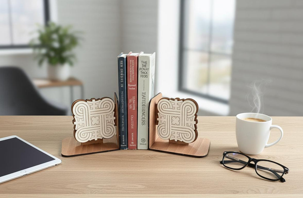 Finnish Mandala Wood Bookends, Nordic Geometric Knotwork Decor