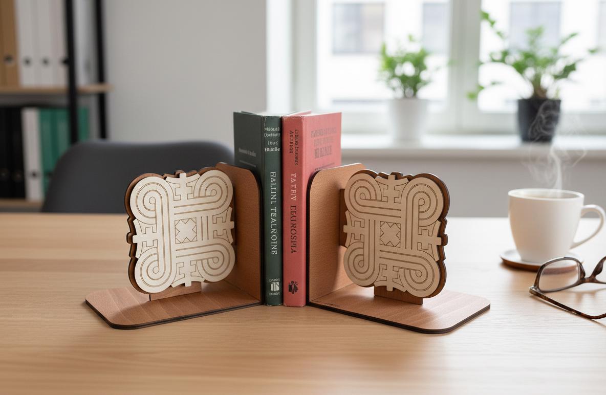Finnish Mandala Wood Bookends, Nordic Geometric Knotwork Decor
