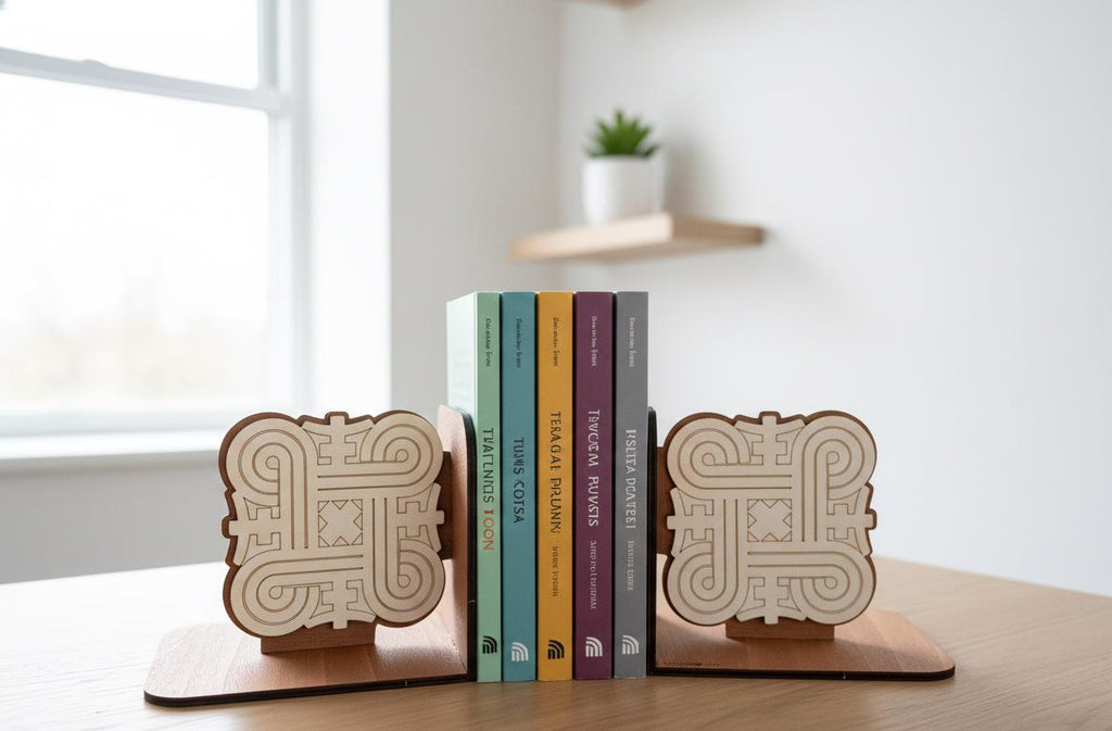 Finnish Mandala Wood Bookends, Nordic Geometric Knotwork Decor