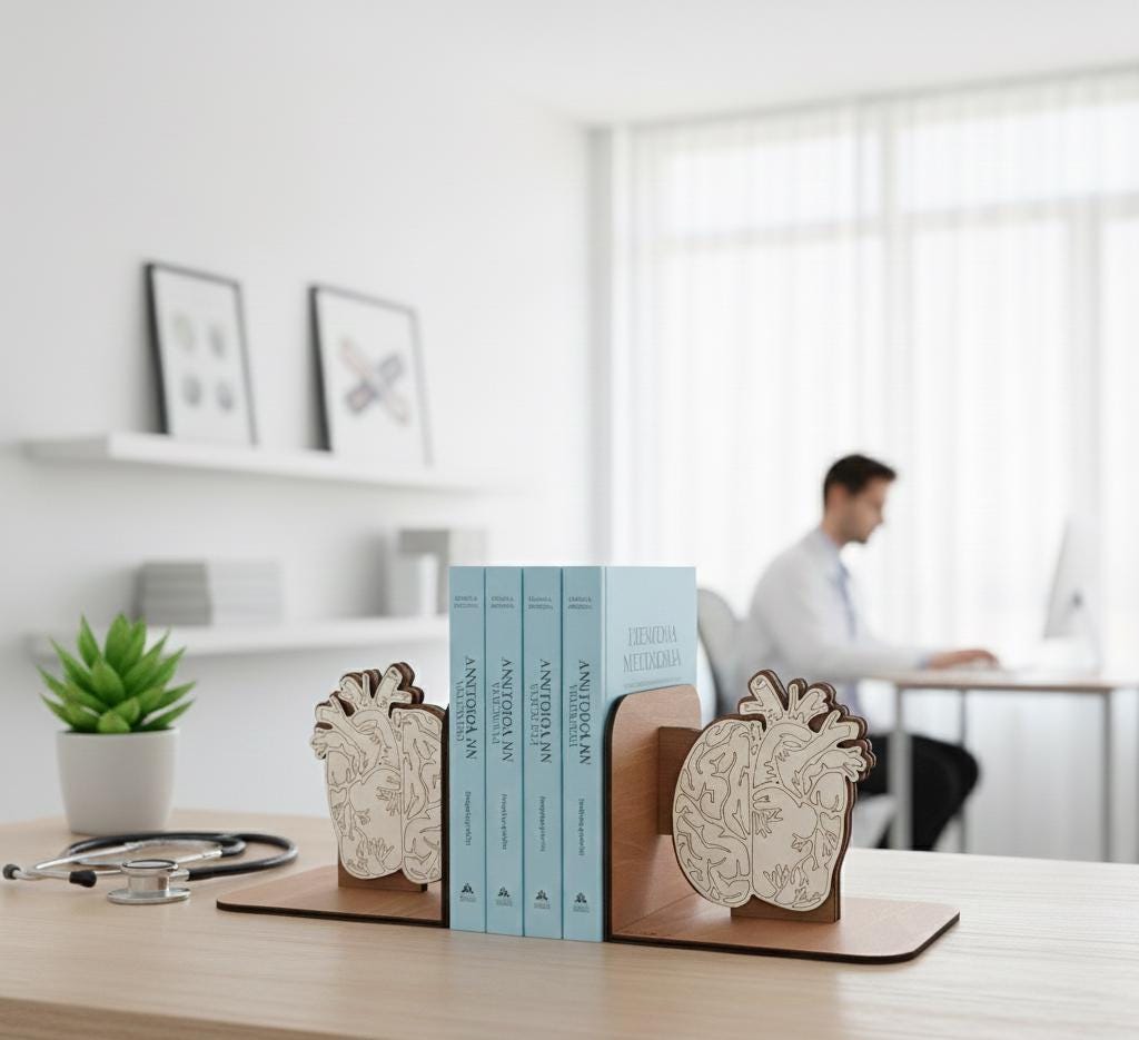 Anatomical Brain and Heart Bookends - Modern Medical Decor, Digital Brain Artwork