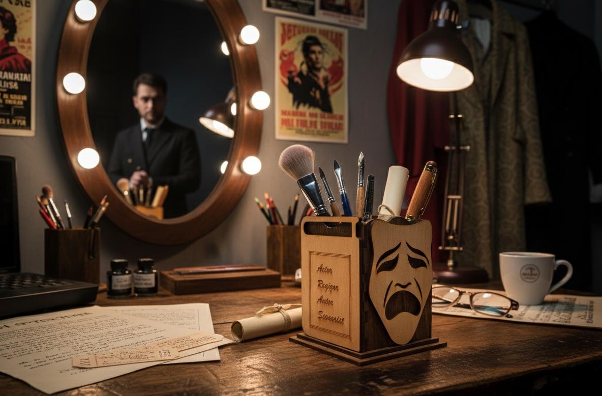 Drama Teacher Wood Pencil Holder, Tragedy Mask & Film Reel Design