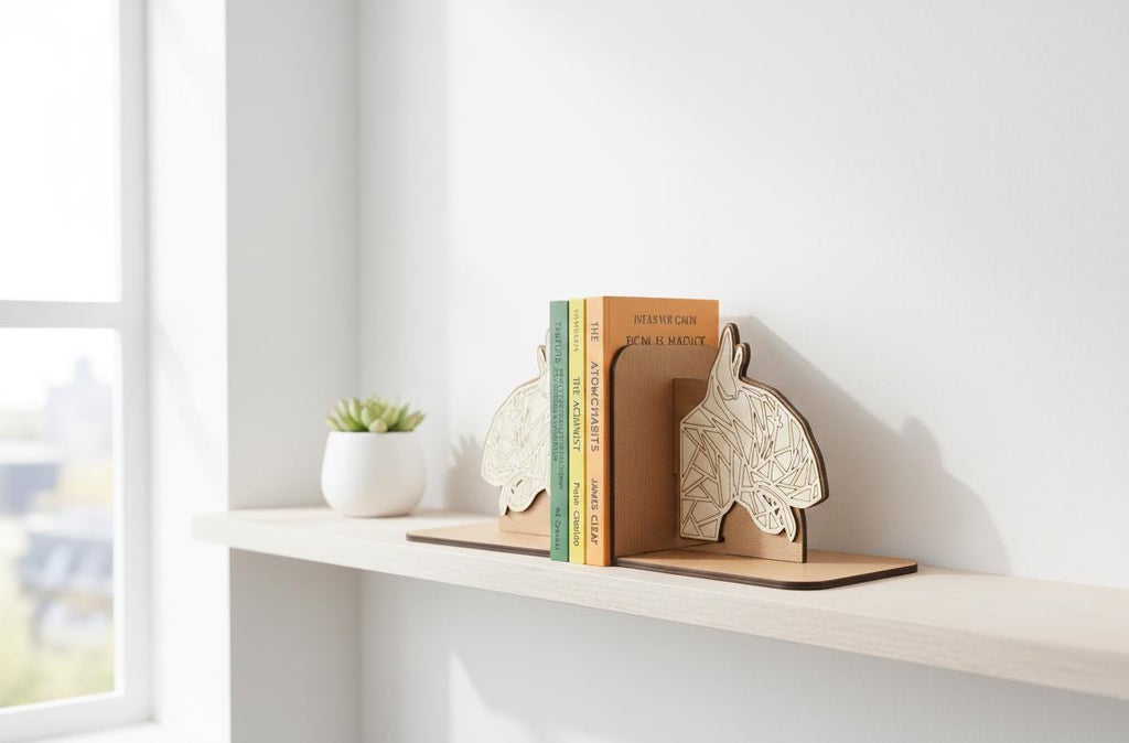 Geometric Bull Terrier Bookends, Laser Cut Birch Plywood, Modern Dog Decor
