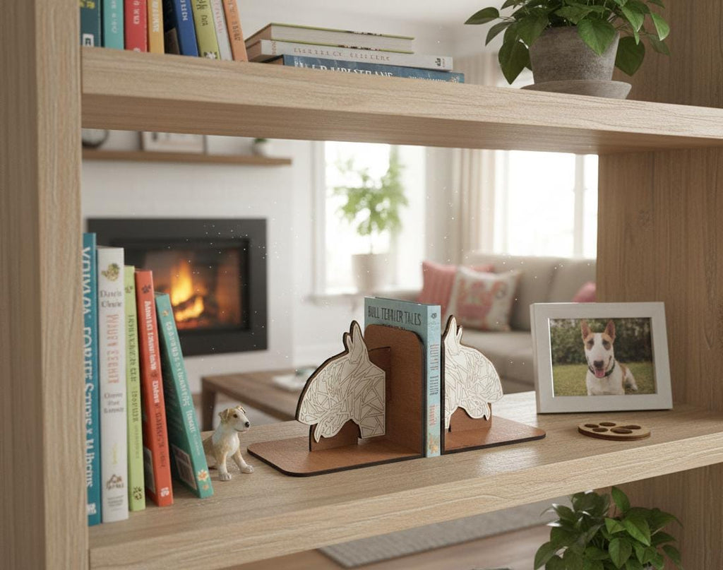 Geometric Bull Terrier Bookends, Laser Cut Birch Plywood, Modern Dog Decor